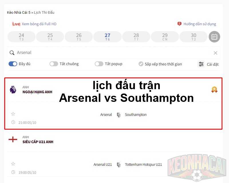 lịch đấu trận Arsenal vs Southampton