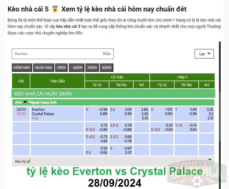 tỷ lệ kèo Everton vs Crystal Palace 28/09/2024